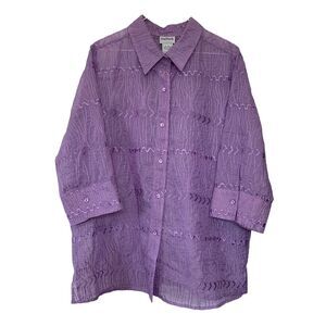 Vintage BonWorth Sheer Embroidered Shirt Womans Med Lilac Side Slits 90s Y2K